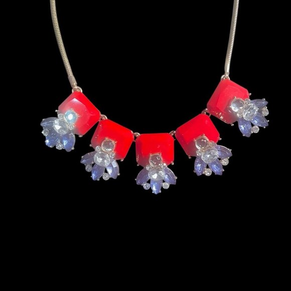 Gold Red Blue Statement Necklace Crystal Flower Bib Adjustable Glam Party Chic - Picture 6 of 6